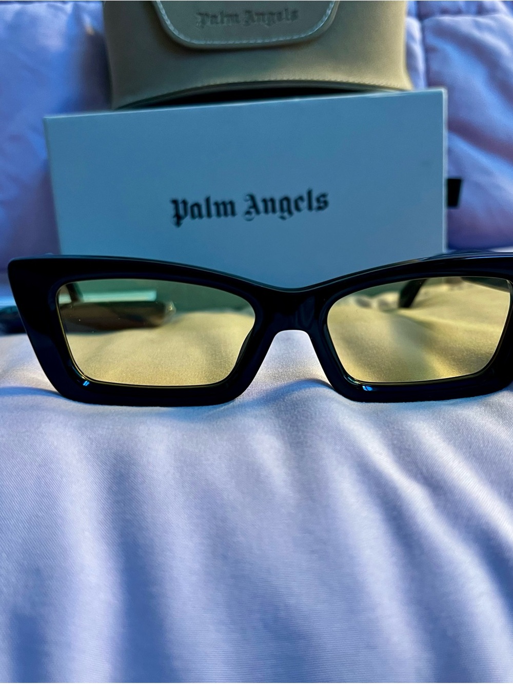 Palm Angels Black Rectangular Cat-Eye Sunglasses with Yellow Lenses